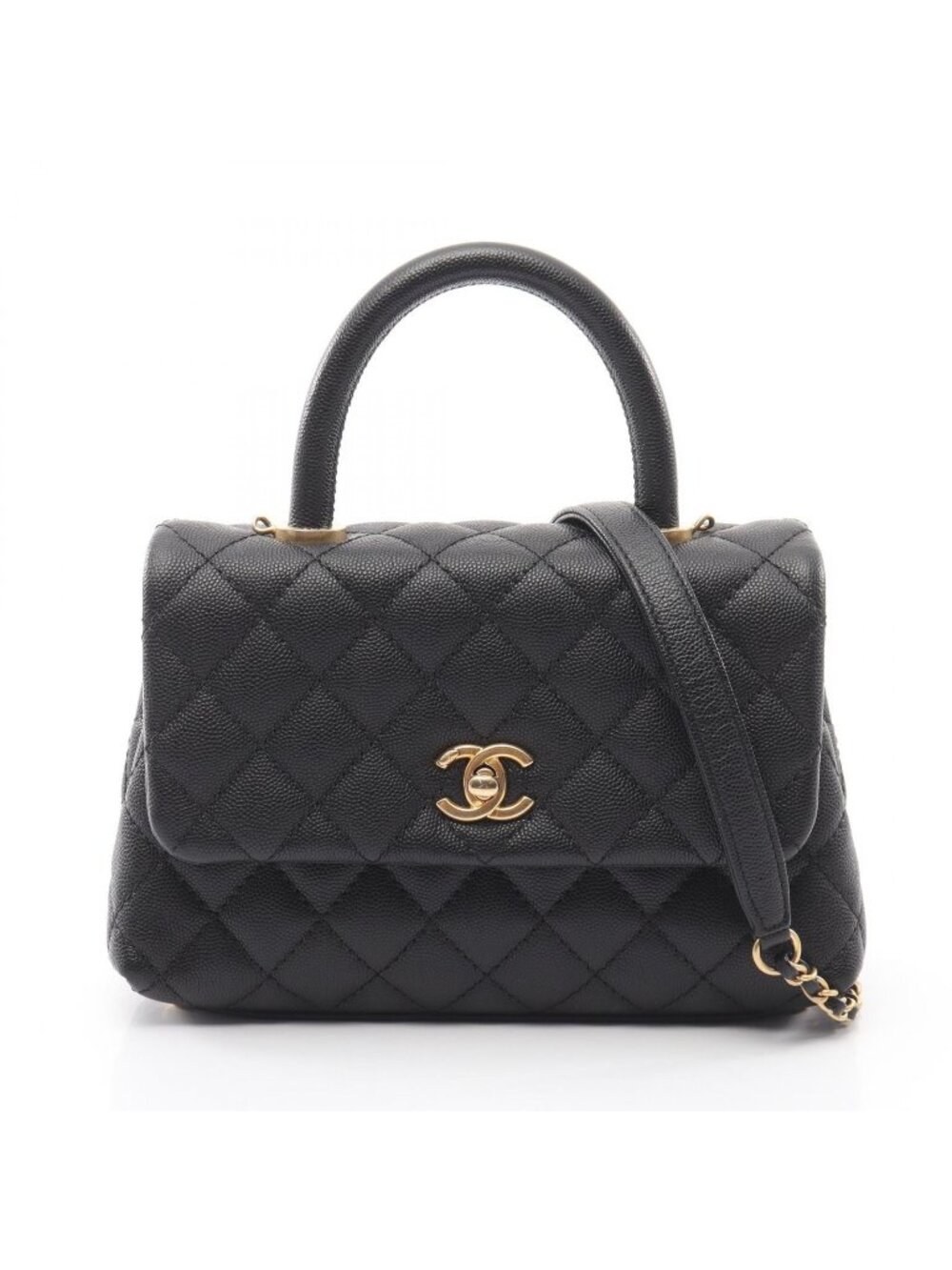 Chanel Handbag Coco Handle Flap Quilted 2-Way Black Caviar Leather Chain
